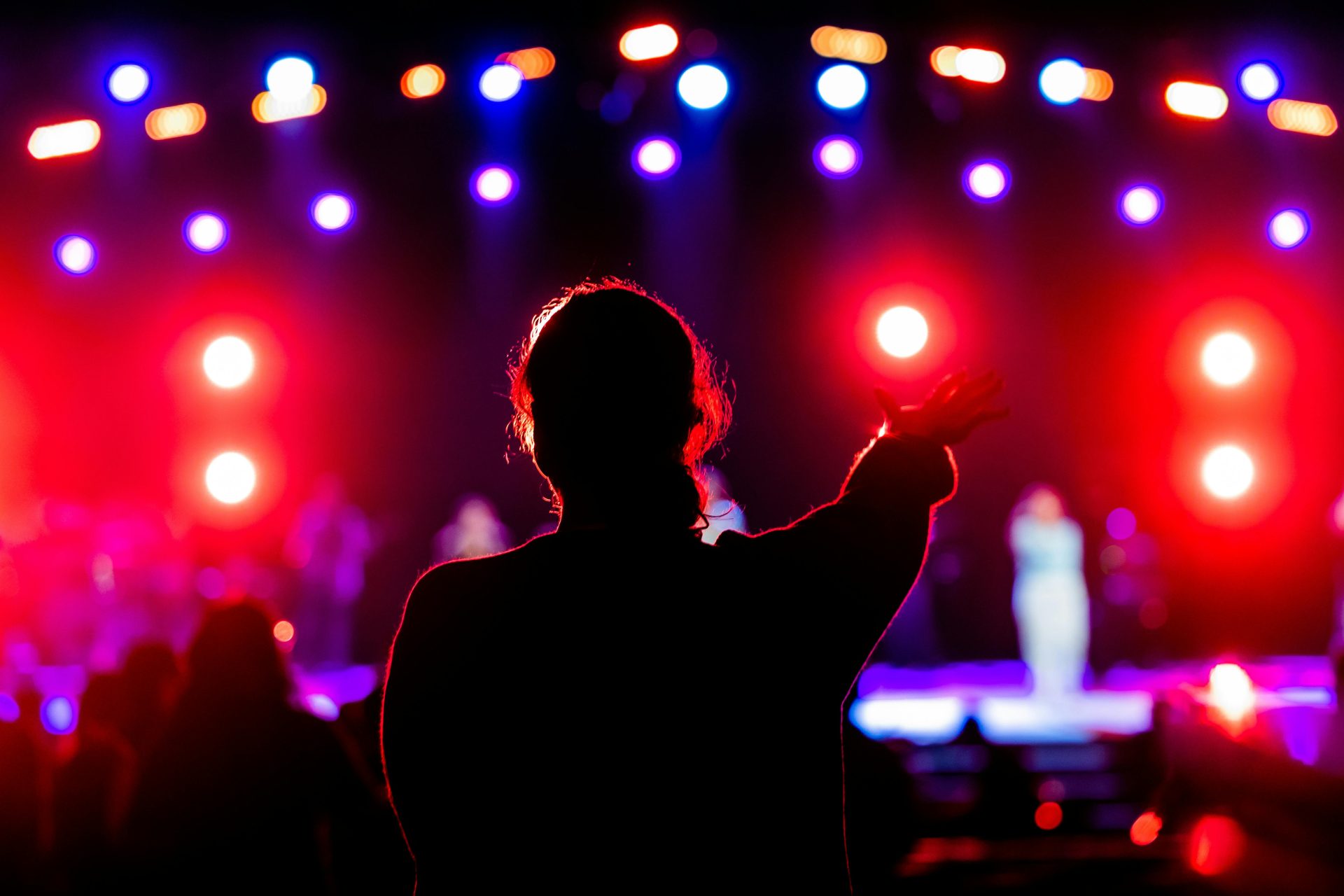 Silhouetted person enjoying a vibrant stage performance